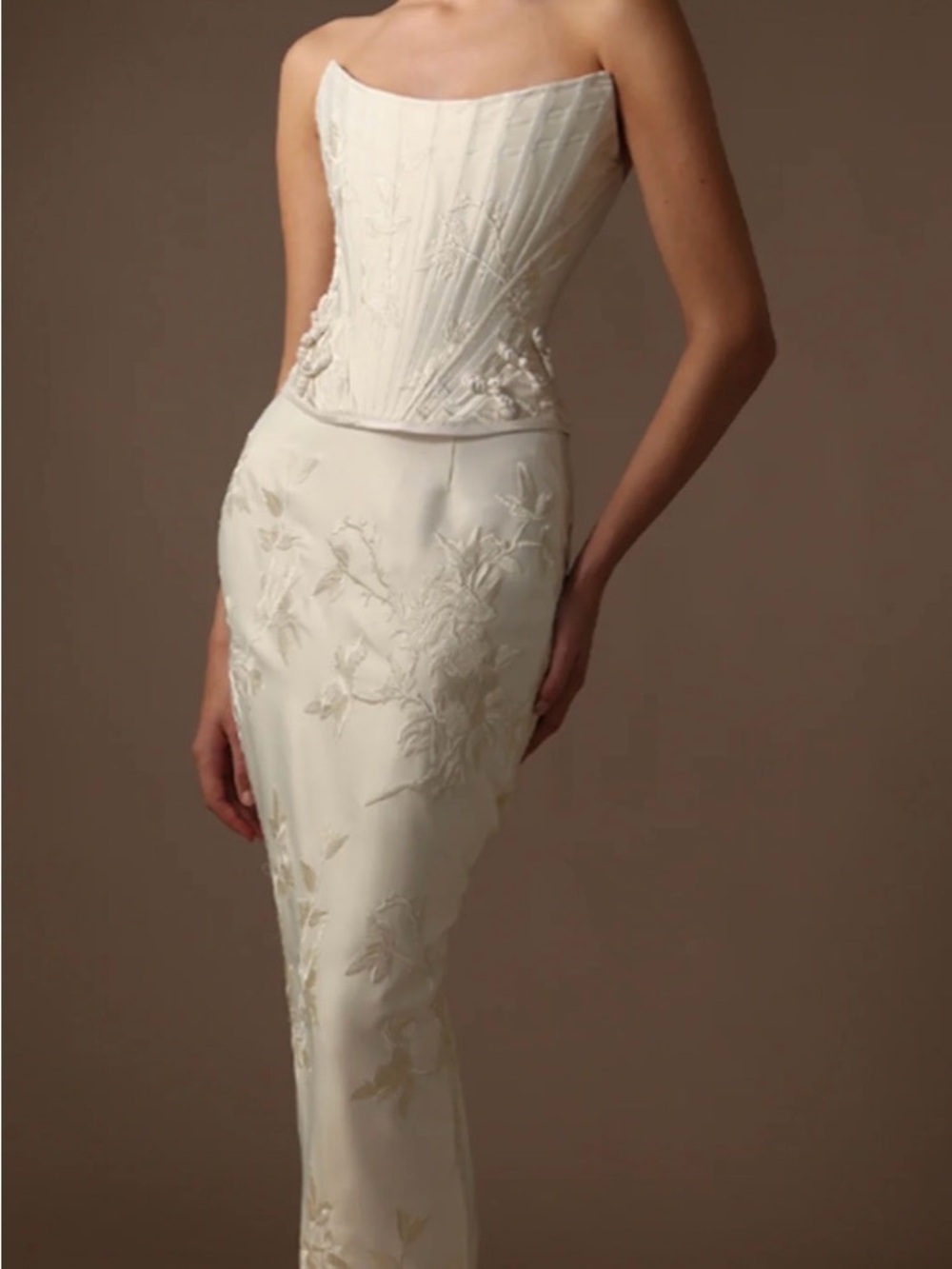 Strapless Embroidered Sheath Dress in Ivory